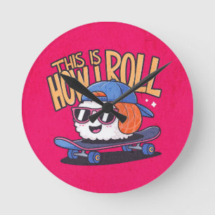 Horloge Ronde Fun Kawaii Sushi sur skate