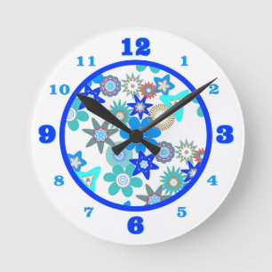 Horloge Ronde Funky Blue Flower Motif