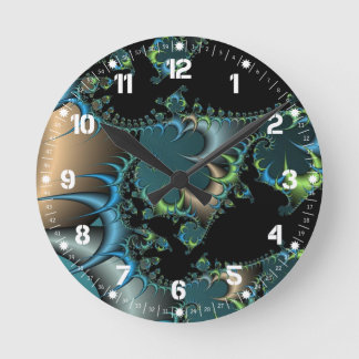 Horloge Ronde Funky Swirling Spirals Teal Black Fractal