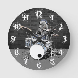 Horloge Ronde Funny Punk Rock Drummer Bear Playing Drums Rocker