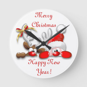 Horloge Ronde Funny Santa and Reindeer Cartoon Wall Clock