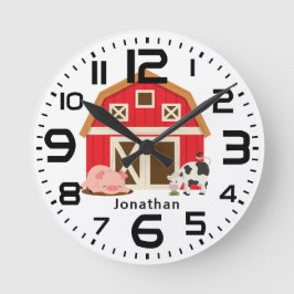 Horloge Ronde Garçon Personnalisé Vache Cochon Grange Rouge
