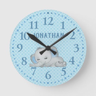 Horloge Ronde Garçons Bleu Personnalisé Cute Elephant Baby