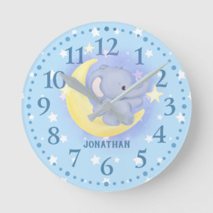 Horloge Ronde Garçons Bleu Personnalisé Cute Elephant Lune Étoil