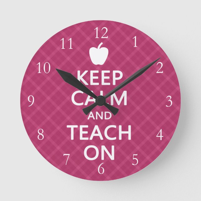 Horloge Ronde Gardez le calme et Enseignez, Plaid rose (Recto)