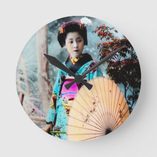 Horloge Ronde Geisha avec un parasol en papier wagasa Vintage Ja
