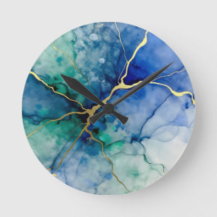 Horloge Ronde Géode Océanique Encre Alcoolique Veines Dorées
