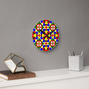 Horloge Ronde Géométrie rouge, jaune, noir, bleu et vert