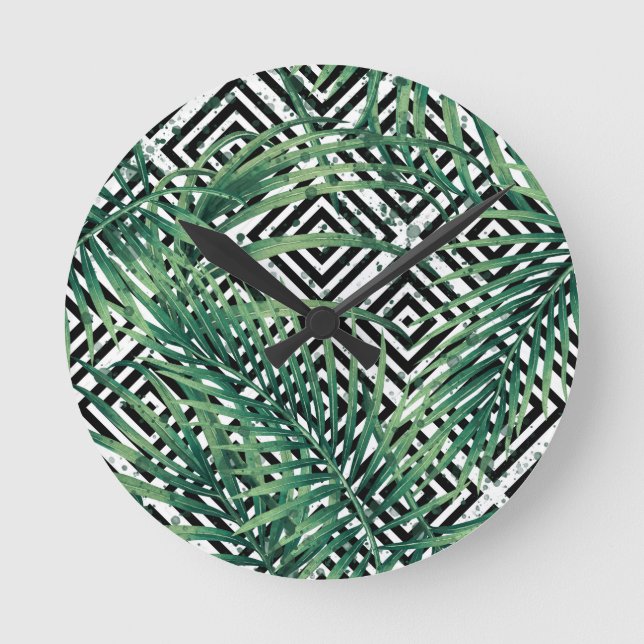 Horloge Ronde Géométrie tropicale en noir et blanc (Recto)