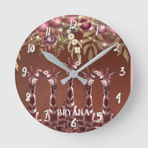 Horloge Ronde Girafes Girafe Floral Rustique Brun Personnalisé