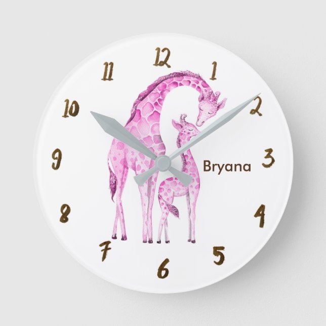 Horloge Ronde Girafes roses nurserie jungle personnalisée (Recto)