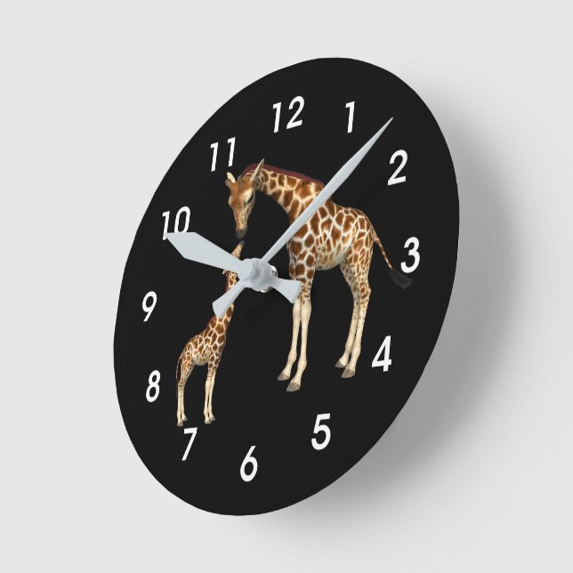Horloge Ronde Giraffe Love : Mère et bébé Noir (Angle)