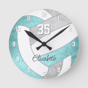 Horloge Ronde girly aqua gris volleyball personnalisé