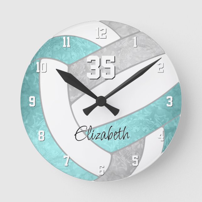 Horloge Ronde girly aqua gris volleyball personnalisé (Recto)