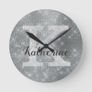 Horloge Ronde Girly Silver Glitter Sparkle Glam Monogram