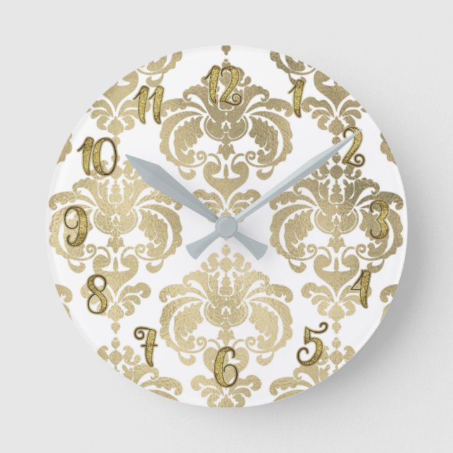 Horloge Ronde Glam Or & Damas Blanc Moderne Personnalisé (Recto)