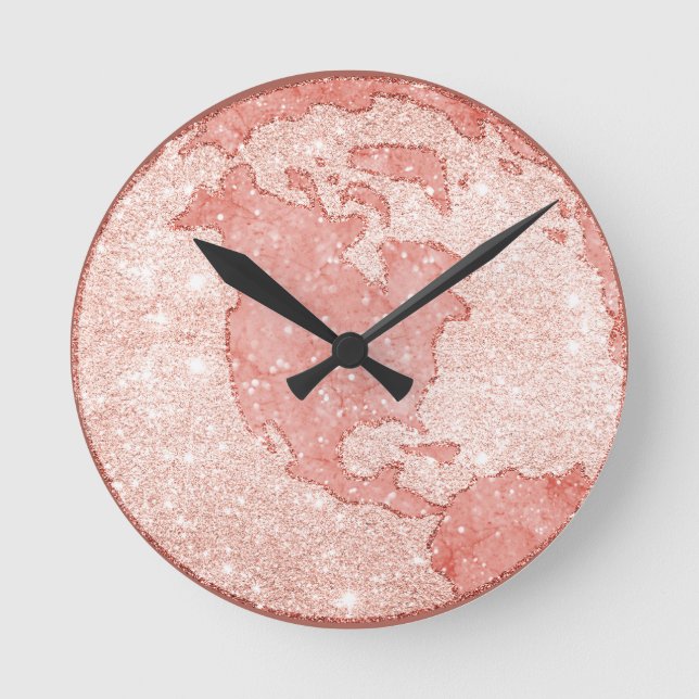 Horloge Ronde Globe en marbre rose Rose métal Parties scintillan (Recto)