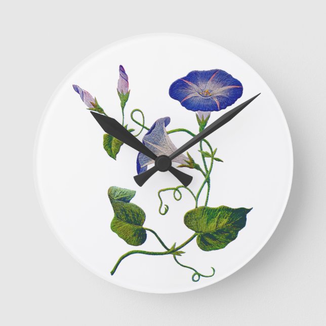 Horloge Ronde Glories du matin bleu brodé (Recto)