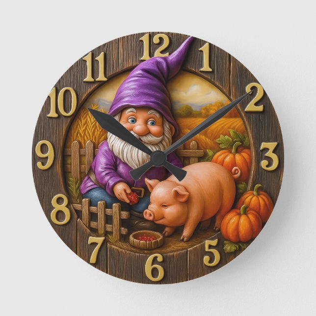 Horloge Ronde Gnome Feeding Pig in Autumn Farm Scene Clock (Recto)