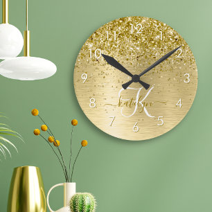 Horloge Ronde Gold Brushed Metal Glitter Monogram Name
