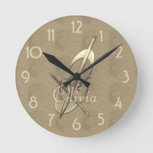 Horloge Ronde Gold Cello Music Musicien Ajouter un nom