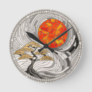 Horloge Ronde Golden Bonsai Sunrise Mosaic
