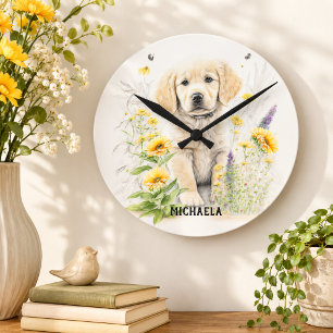 Horloge Ronde Golden Retriever Puppy et fleurons nom monogramme