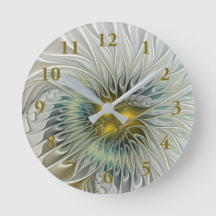 Horloge Ronde Golden Silver Flower Fantasy abstract Fractal Art