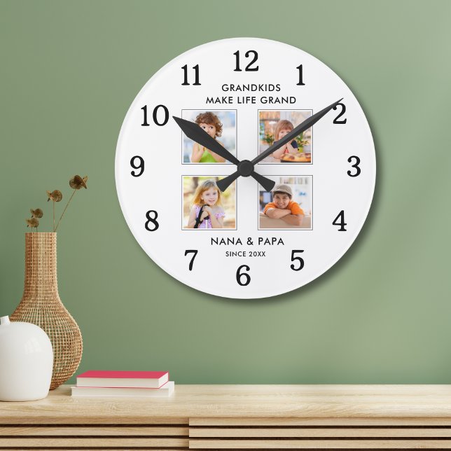Horloge Ronde Grandkids Make Life Grand 4 Photo Collage White (Créateur téléchargé)