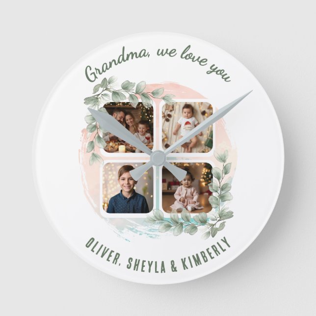 Horloge Ronde Grandma we love you 6 Photo Collage Eucalyptus (Recto)