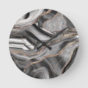 Horloge Ronde Gray Black White Agate Gold Glitter Glam #1