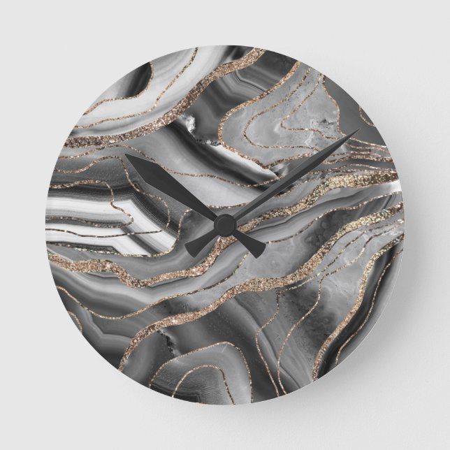 Horloge Ronde Gray Black White Agate Gold Glitter Glam #1 (Recto)