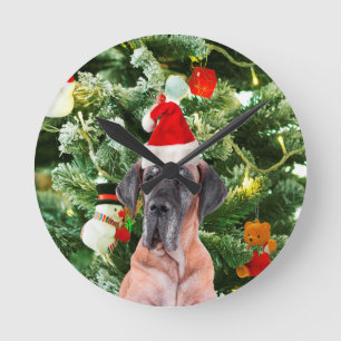 Horloge Ronde Great Dane w Christmas Tree Cadeaux Boîtes de Noël