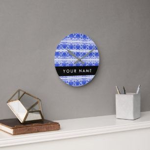 Horloge Ronde Grec Fret Arabesque Bleu, Votre Nom, Personnaliser