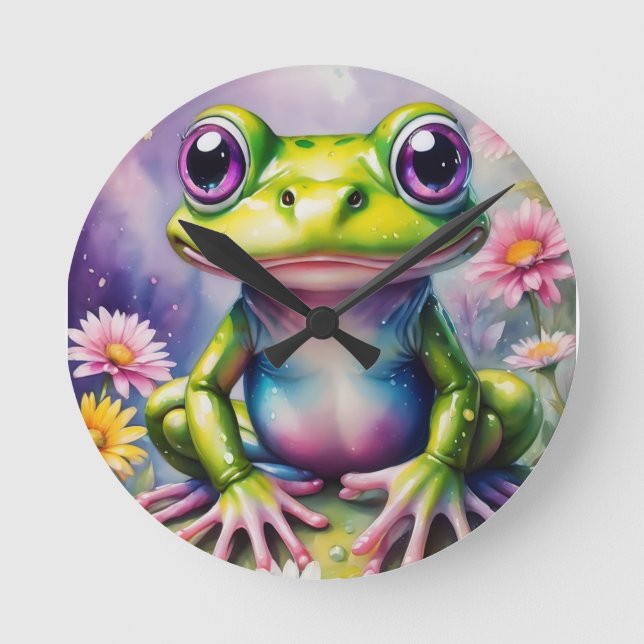 Horloge Ronde Grenouille Avec Art numérique Fleur (Recto)