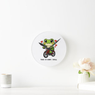 Horloge Ronde Grenouille Mignonne à Vélo Art de Grenouille Kaw
