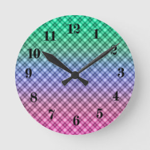 Horloge Ronde Grille dégradée à damiers motif tartan plaid ro