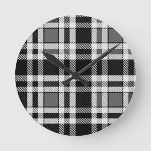 Horloge Ronde Gris Noir Blanc Flanné Plaid Tartan Design