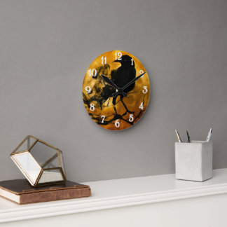 Horloge Ronde Halloween éffrayant noir corbeau