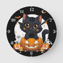 Horloge Ronde Halloween Wall Clock with cute cat