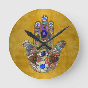 Horloge Ronde Hamsa Cœurs Fleurs Opale Art sur Or