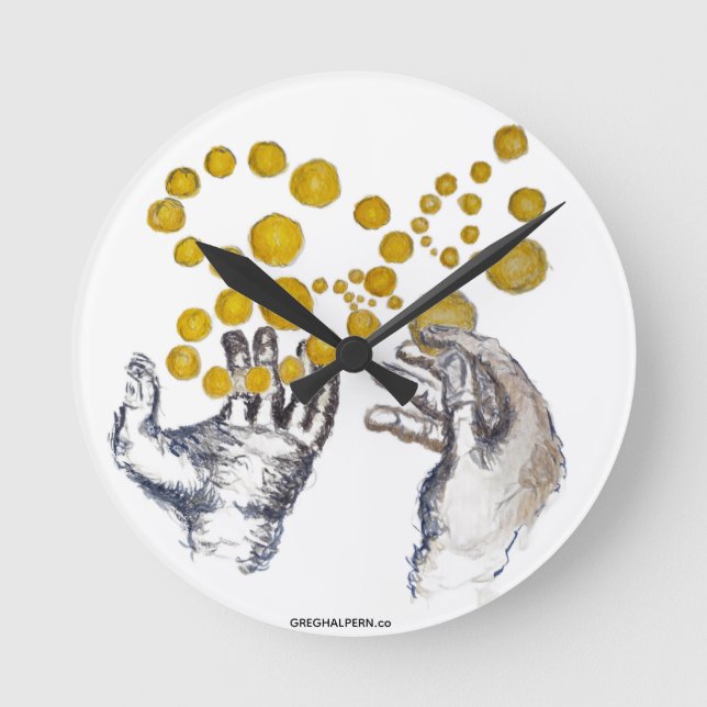 Horloge Ronde Hands Outstretched with Golden Globes Artist Clock (Recto)