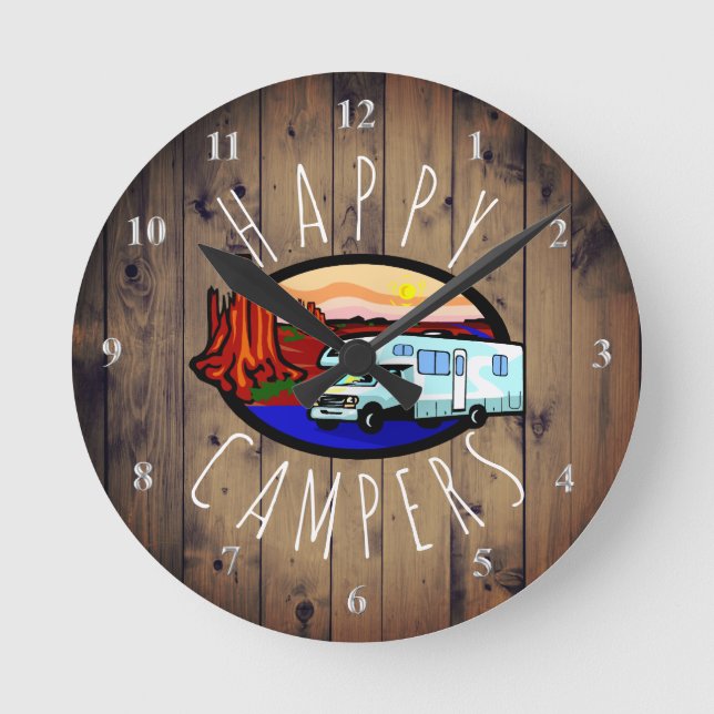 Horloge Ronde Happy Campers Retraite RV Camping Rustic Wood (Recto)