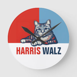 Horloge Ronde Harris Walz 2024 Manifestement Red Blue Cat