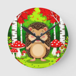 Horloge Ronde Hérisson mignon dans une forêt lumineuse