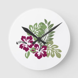 Horloge Ronde Hibiscus Bourgogne Décoration du feuillage Floral