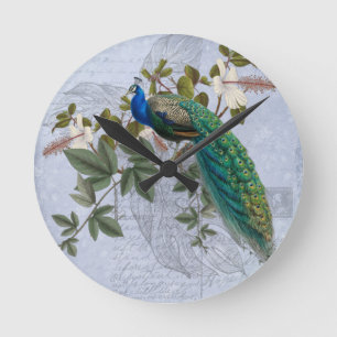 Horloge Ronde Hibiscus de paon vintage Ephémère romantique ble