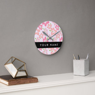 Horloge Ronde Hibiscus rose, Fleurs roses, Votre nom
