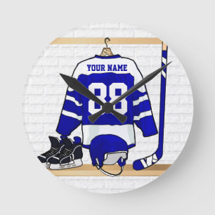 Horloge Ronde Hockey sur glace bleu et blanc personnalisé Jerse