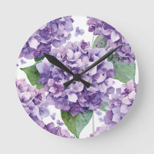 Horloge Ronde Hortensia Violet Fleur Aquarelle Lavande Fleurit